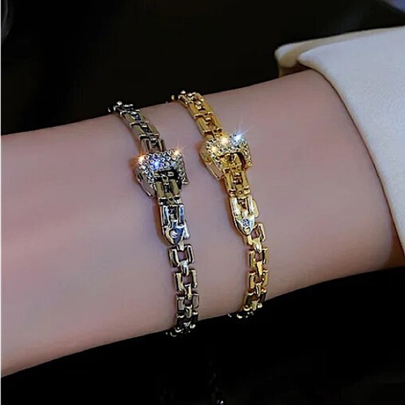 Silver Belt Buckle Bracelet Matching Ring Set, Minimalist, Zircon, Chain Link - Picture 2 of 12